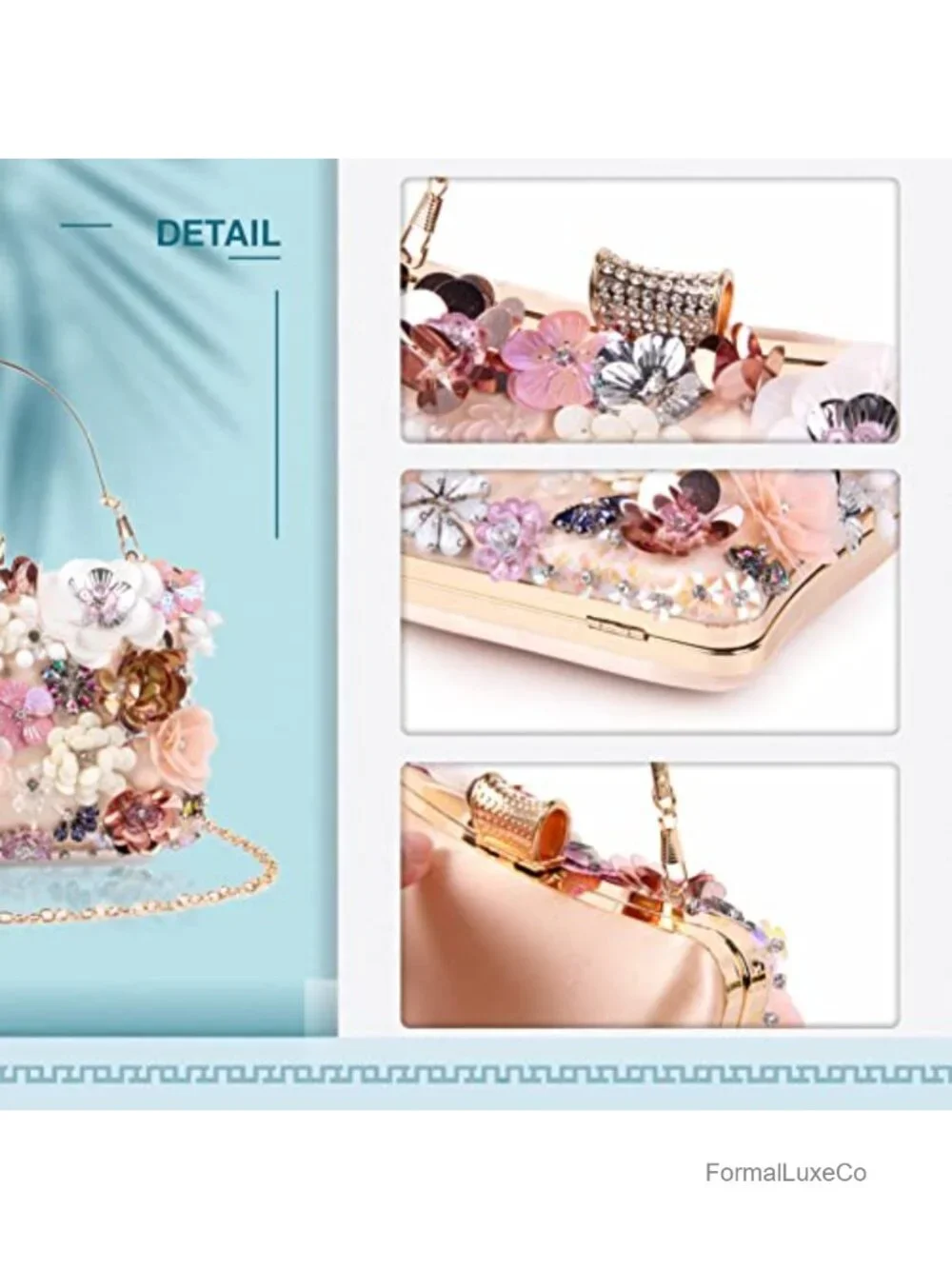Evening Clutch Handbag Chain Strap Floral Crystal Sequin Shoulder Bag